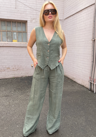 The Pink Door Loose Fit Linen Vest - Olive