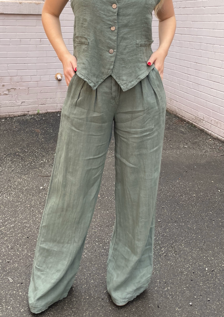 The Pink Door Loose Fit Linen Pants - Olive