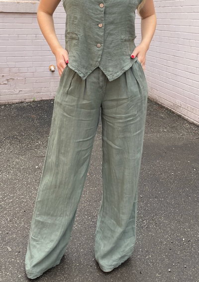 The Pink Door Loose Fit Linen Pants - Olive