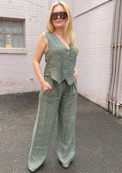 The Pink Door Loose Fit Linen Pants - Olive