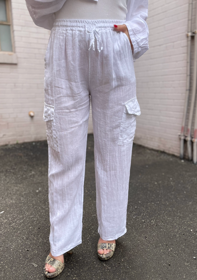 The Pink Door Linen Cargo Pants - White