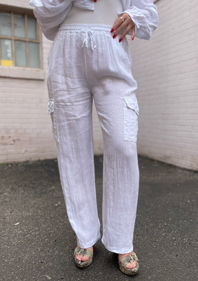The Pink Door Linen Cargo Pants - White