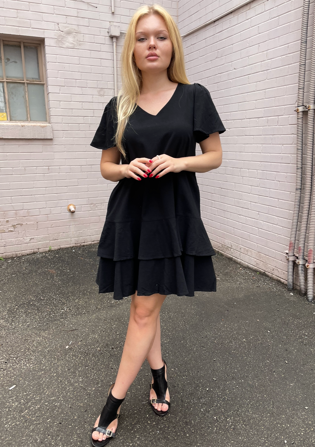 The Pink Door Double Ruffle Dress - Black