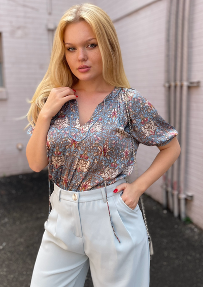 The Pink Door Slate Blue Floral Blouse