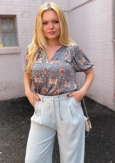The Pink Door Slate Blue Floral Blouse