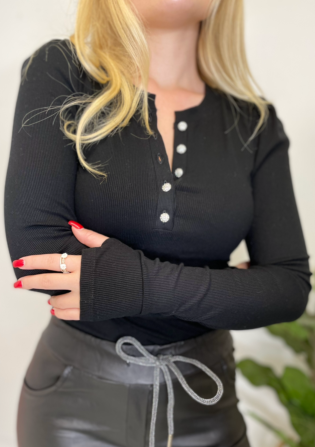 Generation Love Britton Rhinestone Button L/S Top - Black