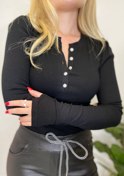 Generation Love Britton Rhinestone Button L/S Top - Black