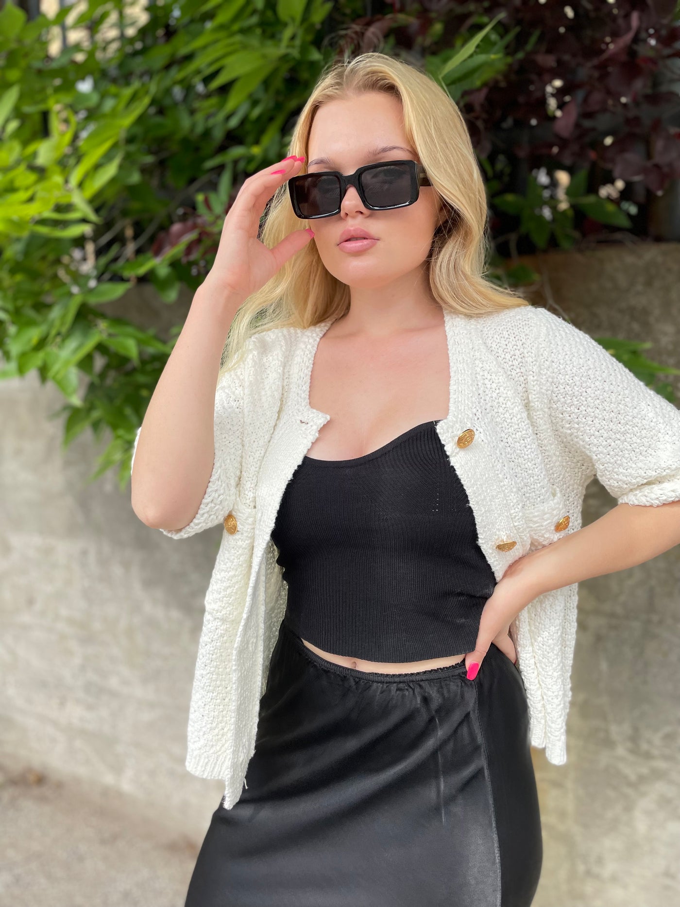 The Pink Door Gold Button S/S Sweater - White