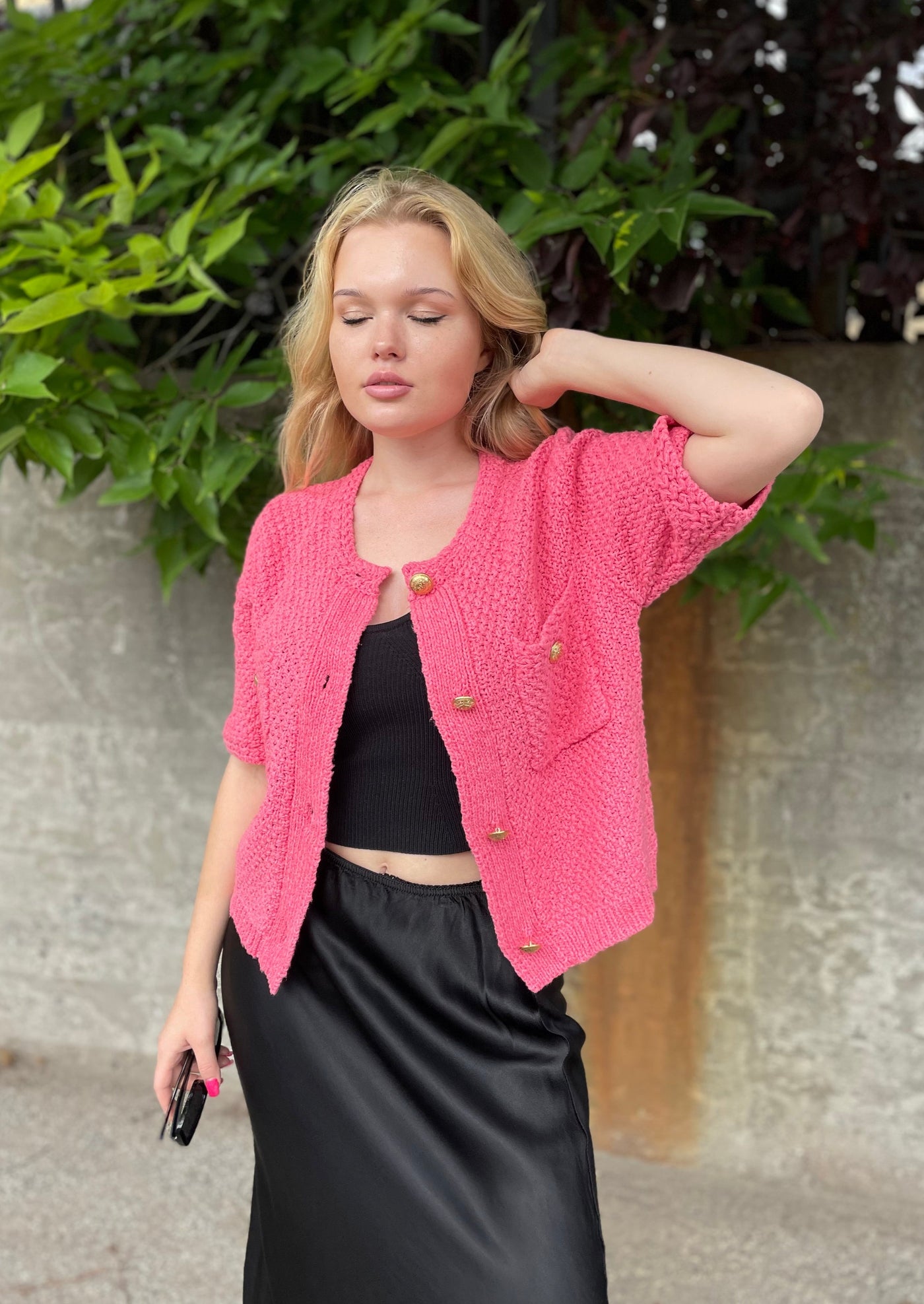 The Pink Door Gold Button S/S Sweater - Pink