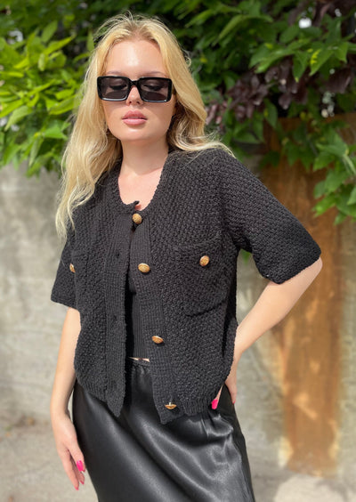 The Pink Door Gold Button S/S Sweater - Black