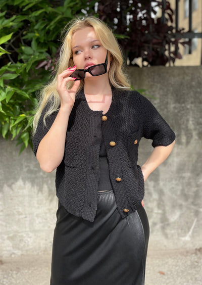 The Pink Door Gold Button S/S Sweater - Black