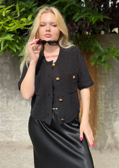 The Pink Door Gold Button S/S Sweater - Black