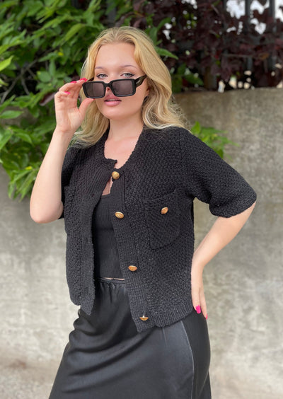 The Pink Door Gold Button S/S Sweater - Black