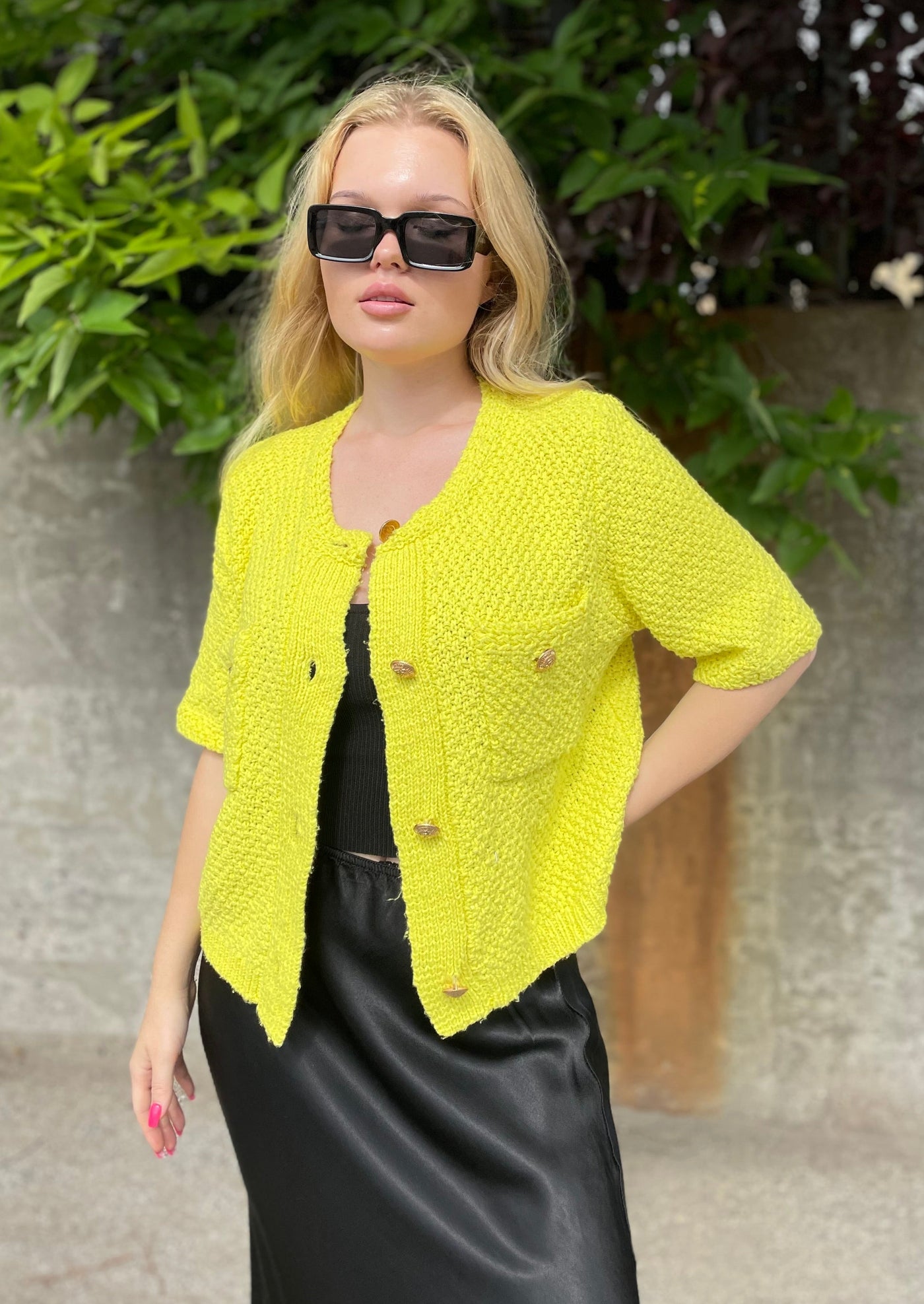 The Pink Door Gold Button S/S Sweater - Lime