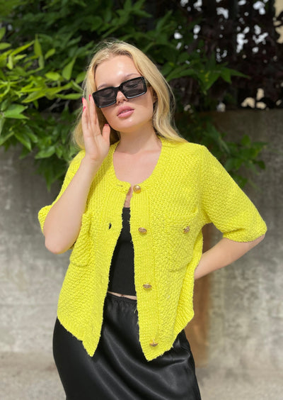 The Pink Door Gold Button S/S Sweater - Lime