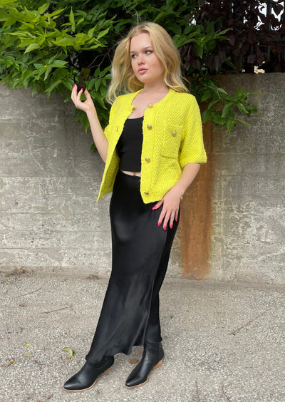 The Pink Door Gold Button S/S Sweater - Lime