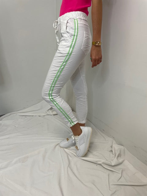 The Pink Door White Ribbon Joggers w/ Green Stripe