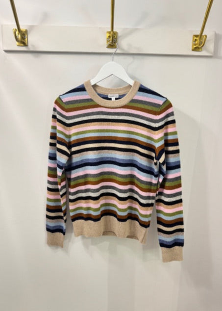 MINNIE ROSE 100% Cashmere Striped Long Sleeve Crew Multi Stripe
