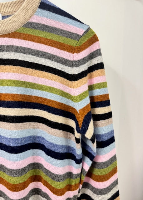 MINNIE ROSE 100% Cashmere Striped Long Sleeve Crew Multi Stripe