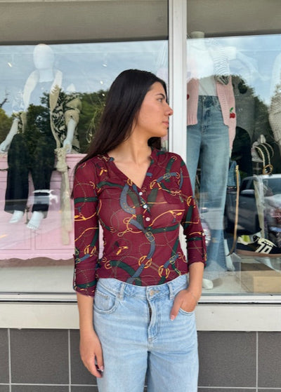 The Pink Door Horse Pit Print Mesh Shirt Wine