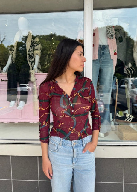 The Pink Door Horse Pit Print Mesh Shirt Wine