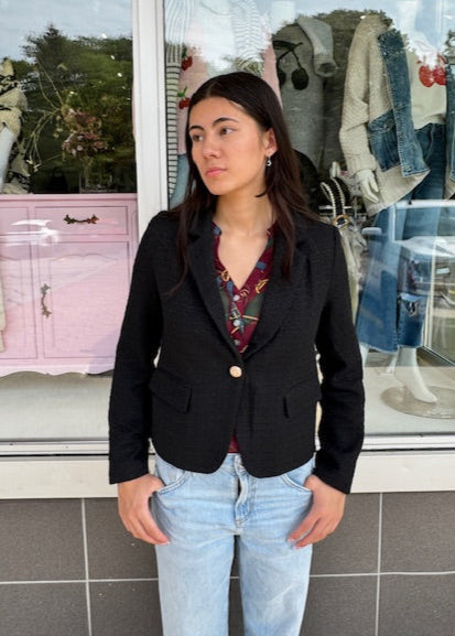 The Pink Door Tweed Blazer With Gold Buttons Black