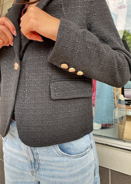 The Pink Door Tweed Blazer With Gold Buttons Black