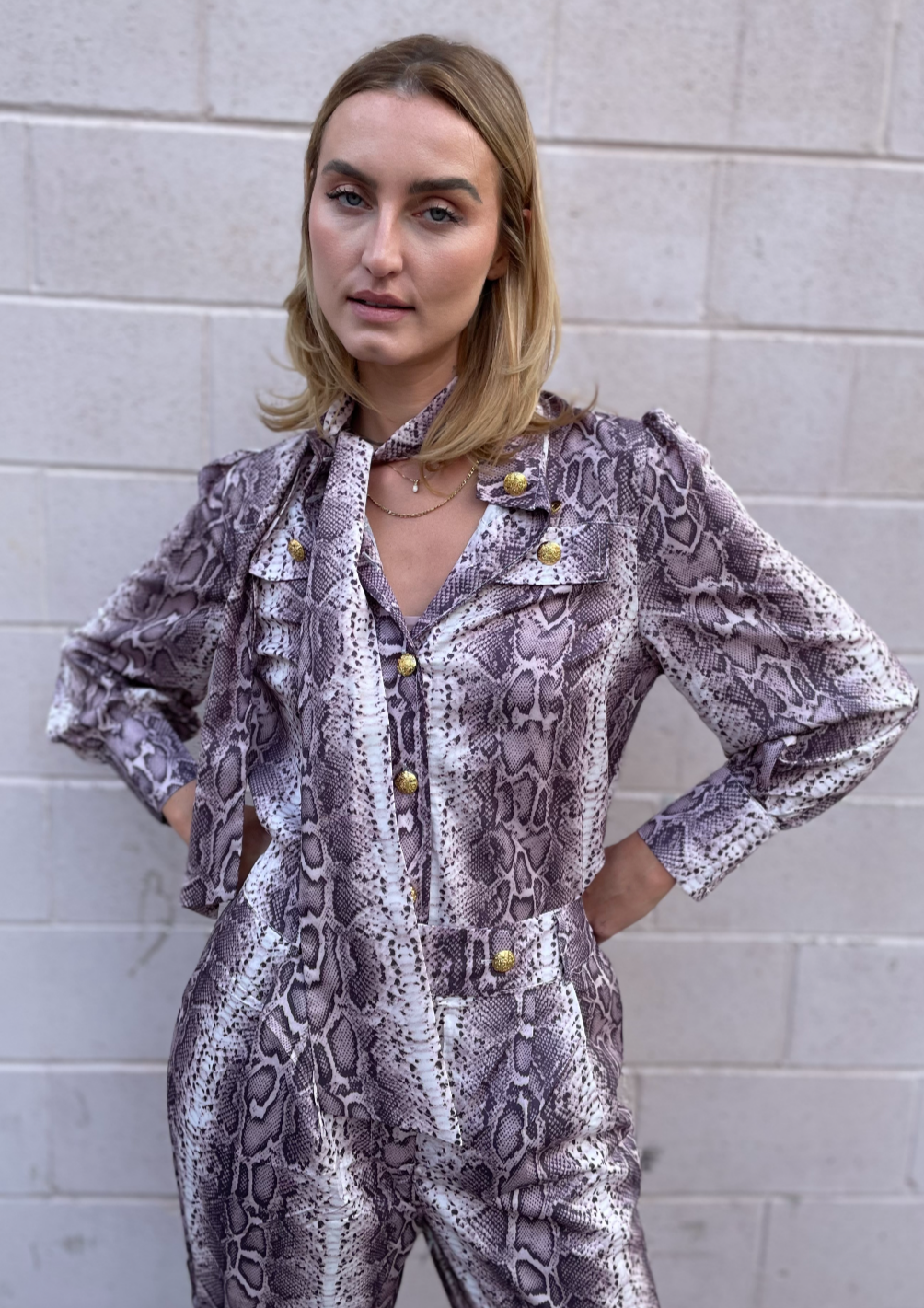 The Pink Door Python Print Top w/ Gold Button