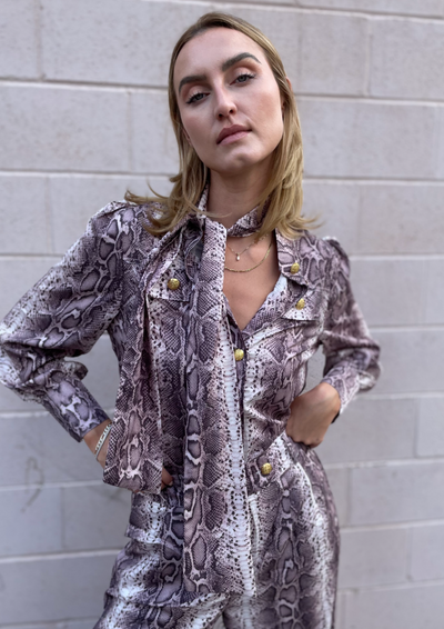 The Pink Door Python Print Top w/ Gold Button