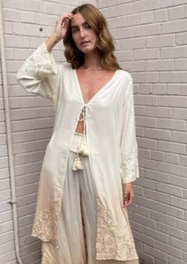 Surf Gypsy Long Nude Crochet Trim Kimono