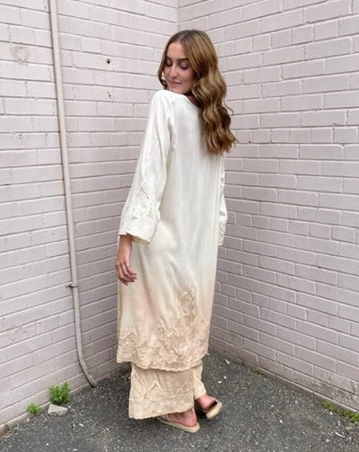 Surf Gypsy Long Nude Crochet Trim Kimono