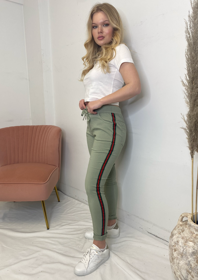 The Pink Door Joggers w/ GG Stripe - Olive