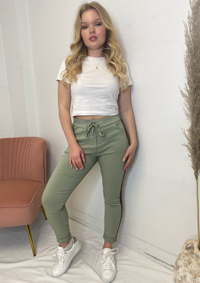 The Pink Door Joggers w/ GG Stripe - Olive