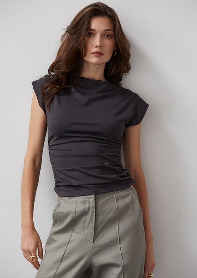 The Pink Door Ruched Cap Sleeve Tee - Charcoal