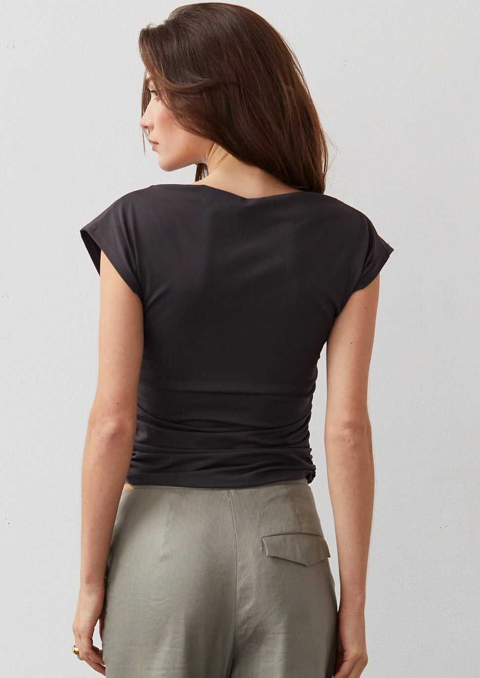 The Pink Door Ruched Cap Sleeve Tee - Charcoal