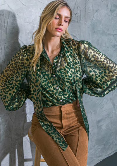 The Pink Door Leopard Print Bow Blouse - Olive/Gold 