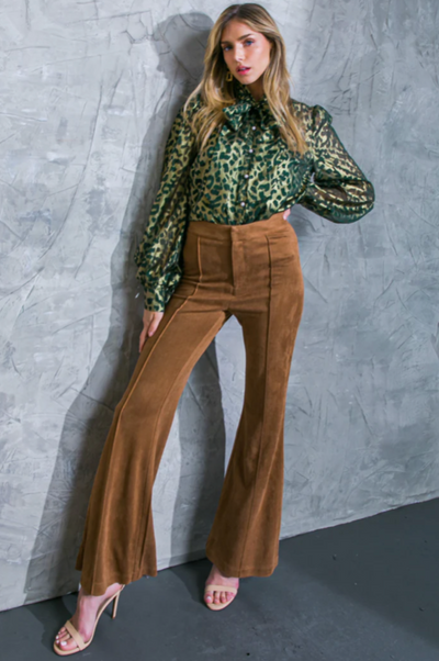 The Pink Door Leopard Print Bow Blouse - Olive/Gold 