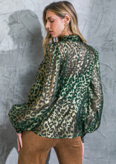 The Pink Door Leopard Print Bow Blouse - Olive/Gold