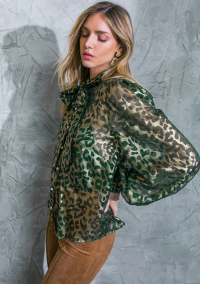 The Pink Door Leopard Print Bow Blouse - Olive/Gold 