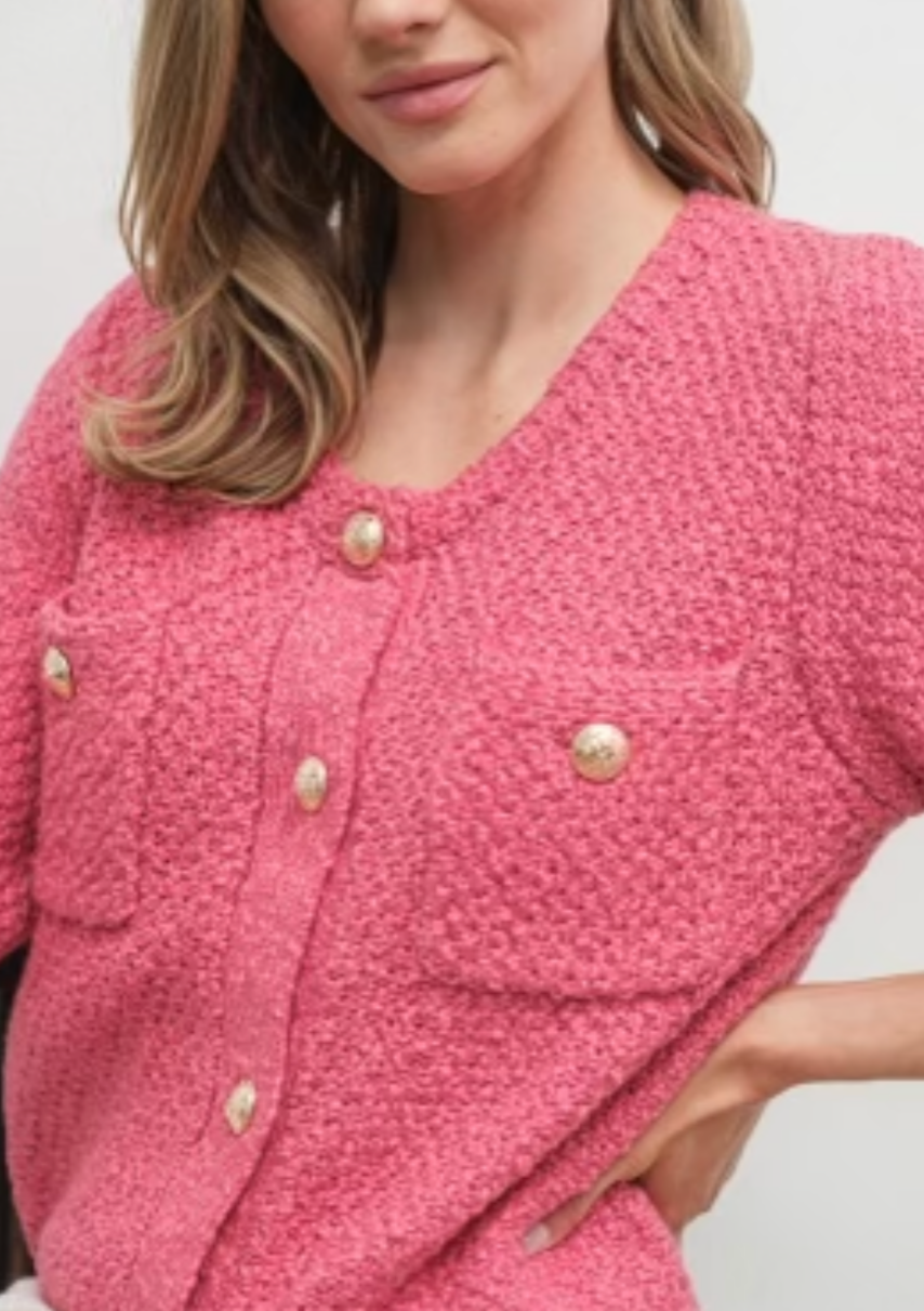 The Pink Door Gold Button S/S Sweater - Pink