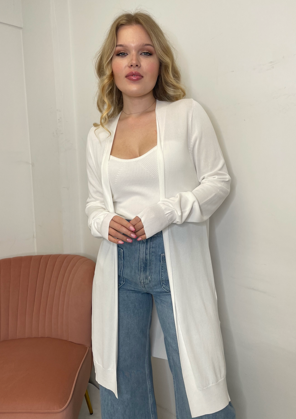 The Pink Door Fine Knit Cardi - White