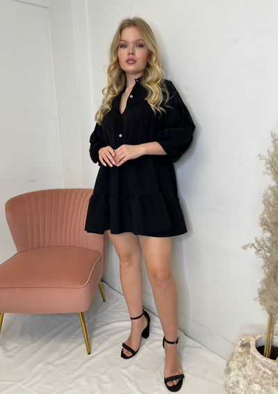 The Femm Stephie Tiered Puff Sleeve Dress - Black
