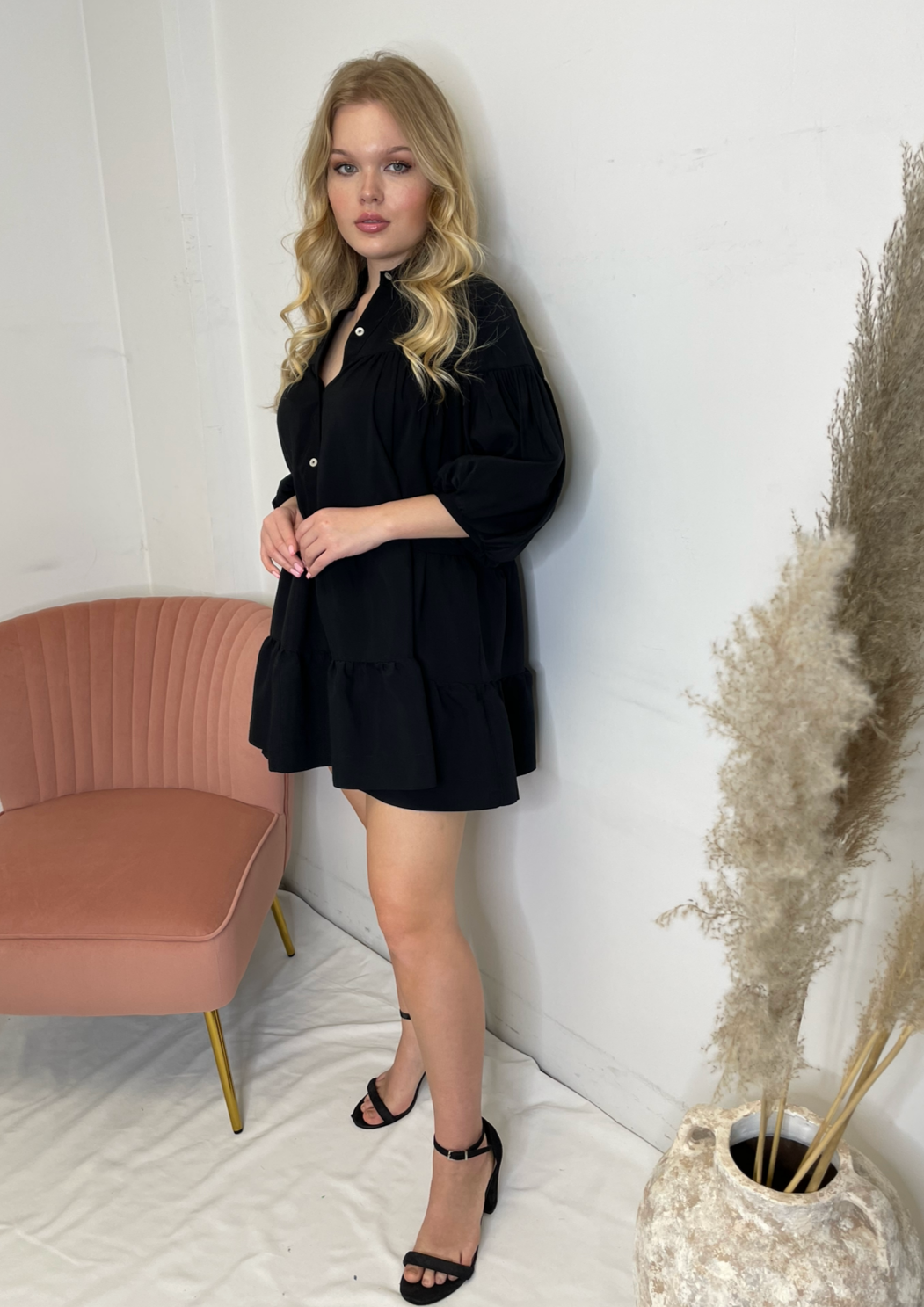 The Femm Stephie Tiered Puff Sleeve Dress - Black
