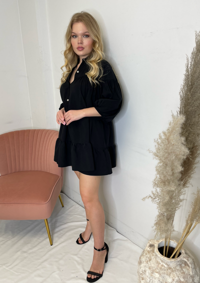 The Femm Stephie Tiered Puff Sleeve Dress - Black
