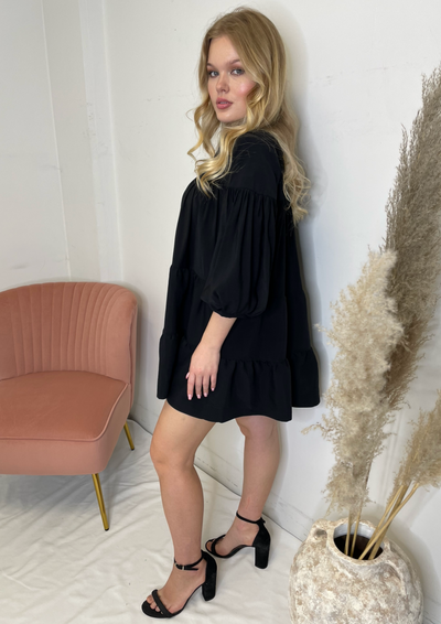 The Femm Stephie Tiered Puff Sleeve Dress - Black