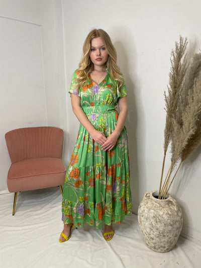 The Pink Door Flutter Sleeve Long Dress - Green Floral