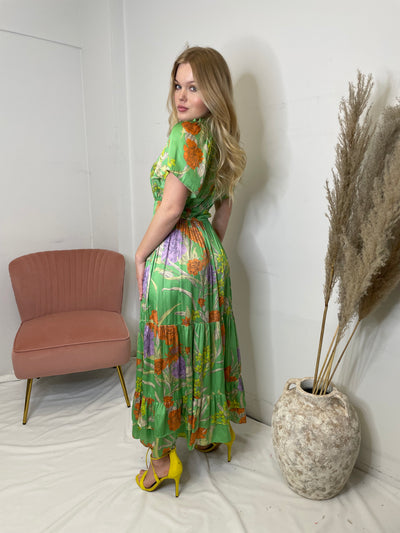 The Pink Door Flutter Sleeve Long Dress - Green Floral