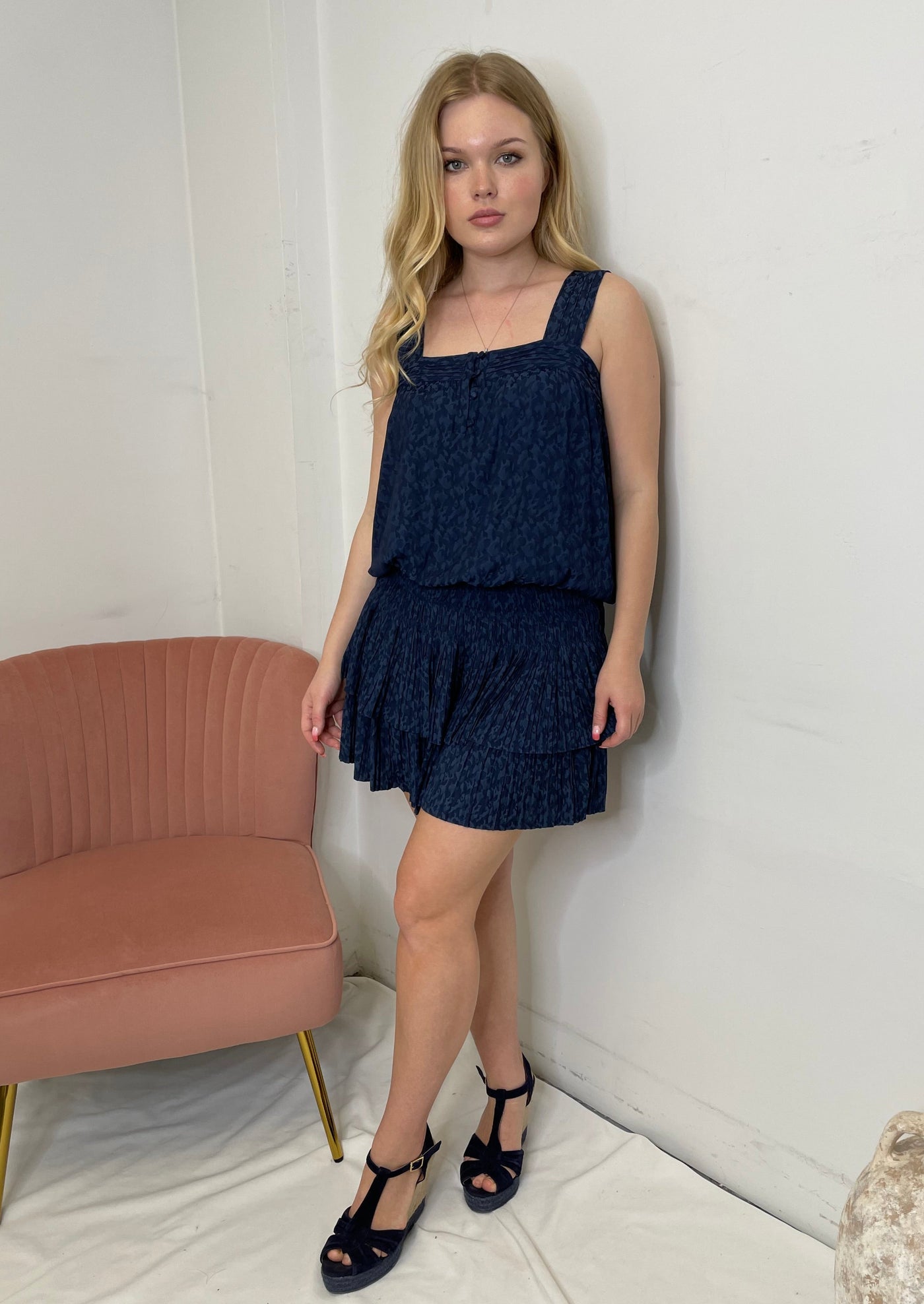 The Pink Door Wide Strap Print Dress - Navy