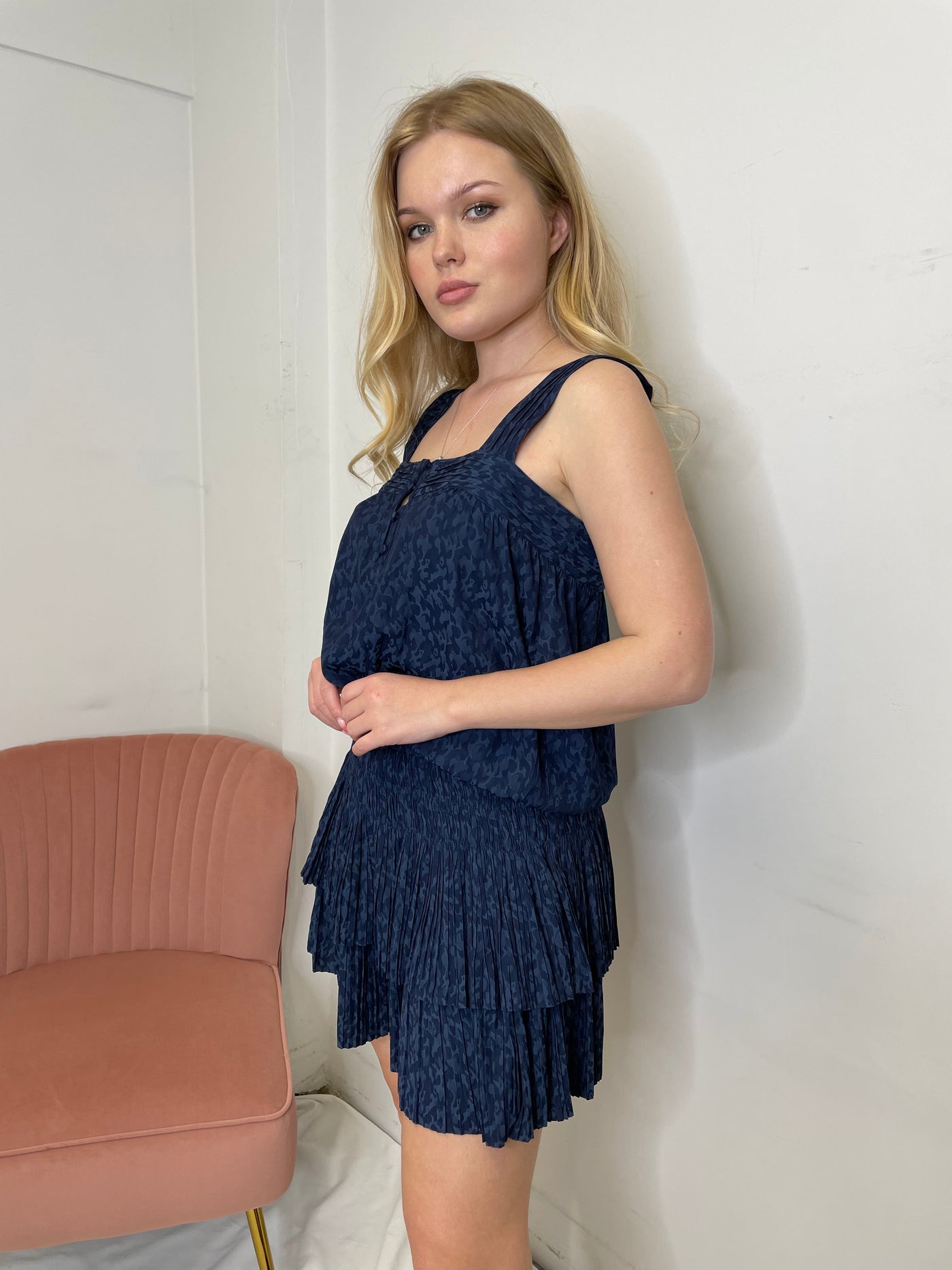 The Pink Door Wide Strap Print Dress - Navy