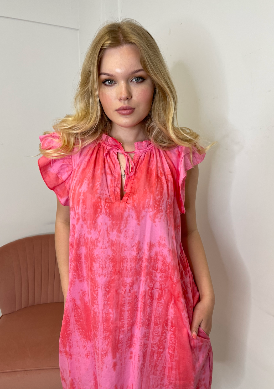 Stark X Poplin Tie Dye Dreamy Dress - Coral/Pinky